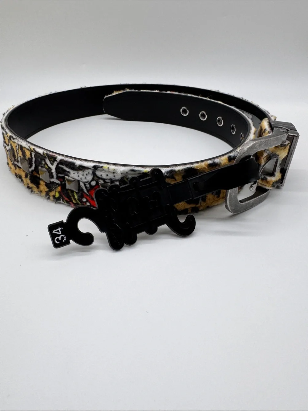 Ed Hardy Belt Size 34 Tiger Leopard Print Studded Faux Fur Rhinestone Buckle NWT